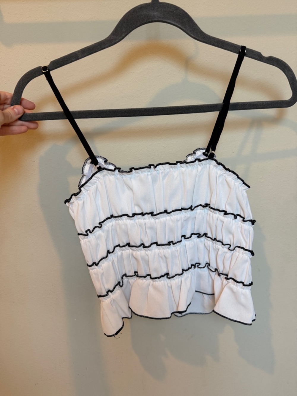White Ruffled Cropped Cami with Black Trim and Tie - Picture 3 of 4